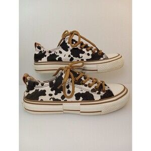 COPY - Very G Cow Print Canvas Lace Up Sneakers Cream, Black and Tan Size 6.5